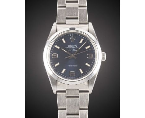 A GENTLEMAN'S SIZE STAINLESS STEEL ROLEX OYSTER PERPETUAL AIR KING PRECISION BRACELET WATCHDATED 1998, REF. 14000 WITH BLUE "