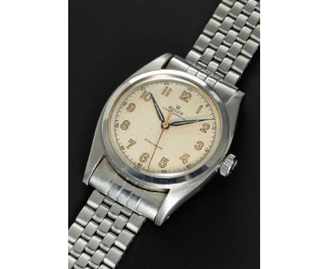 A RARE GENTLEMAN'S LARGE SIZE STAINLESS STEEL ROLEX OYSTER PERPETUAL "BUBBLE BACK" PRECISION BRACELET WATCHCIRCA 1953, REF. 6