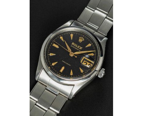 A RARE GENTLEMAN'S STAINLESS STEEL ROLEX OYSTERDATE PRECISION BRACELET WATCHCIRCA 1954, REF. 6294 WITH GLOSS BLACK "HONEYCOMB