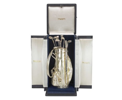 A RARE SOLID STERLING SILVER GOLF BAG WITH 12 CLUBS BY THEO FENNELL CIRCA 1980s, WITH ORIGINAL FITTED BOX The golf bag&nbsp;s