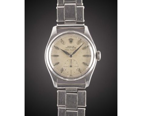 A GENTLEMAN'S STAINLESS STEEL ROLEX OYSTER ROYAL SHOCK RESISTING BRACELET WATCHCIRCA 1951, REF. 6044 WITH "COFFIN" MARKERS & 