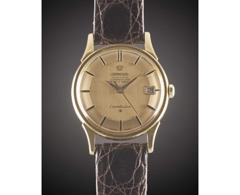 A GENTLEMAN'S 18K SOLID YELLOW GOLD OMEGA CONSTELLATION DATE CHRONOMETER WRIST WATCHCIRCA 1966, REF. 168.5415 SOLID GOLD "PIE