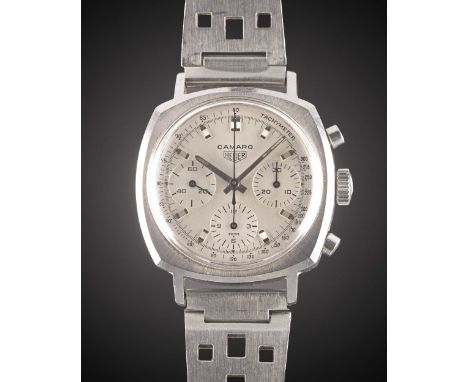 A GENTLEMAN'S STAINLESS STEEL HEUER CAMARO CHRONOGRAPH BRACELET WATCHCIRCA 1970, REF. 7220ST WITH SILVER TACHYMETRE DIALMovem