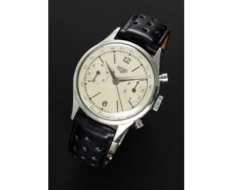 A RARE GENTLEMAN'S LARGE SIZE STAINLESS STEEL HEUER "WATERPROOF" CHRONOGRAPH WRIST WATCHCIRCA 1940s, REF. 3336Movement: 17J, 