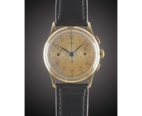 A GENTLEMAN'S 18K SOLID YELLOW GOLD JAEGER CHRONOGRAPH WRIST WATCHCIRCA 1950s, REF. 12498 WITH "ART DECO" NUMERALS & BLUE STE