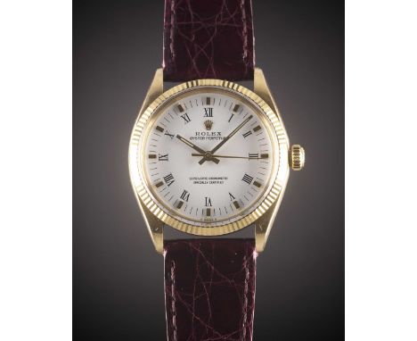 A GENTLEMAN'S 18K SOLID YELLOW GOLD ROLEX OYSTER PERPETUAL WRIST WATCHCIRCA 1973, REF. 1005 WITH WHITE ROMAN NUMERAL DIAL, AC