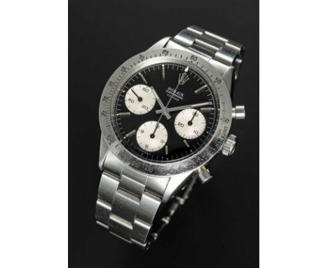 A RARE GENTLEMAN'S STAINLESS STEEL ROLEX COSMOGRAPH "SMALL FONT" DAYTONA BRACELET WATCHCIRCA 1966, REF. 6239 WITH "UPSIDE DOW