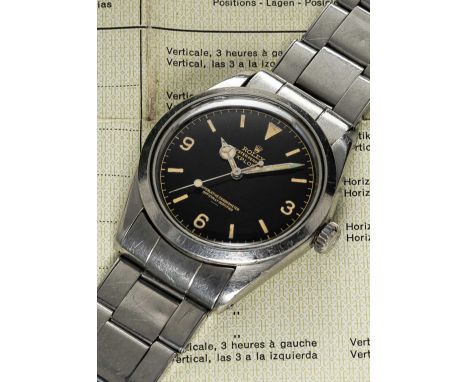 A VERY RARE GENTLEMAN'S STAINLESS STEEL ROLEX OYSTER PERPETUAL EXPLORER BRACELET WATCHCIRCA 1964, REF. 1016 WITH UNDERLINE GI