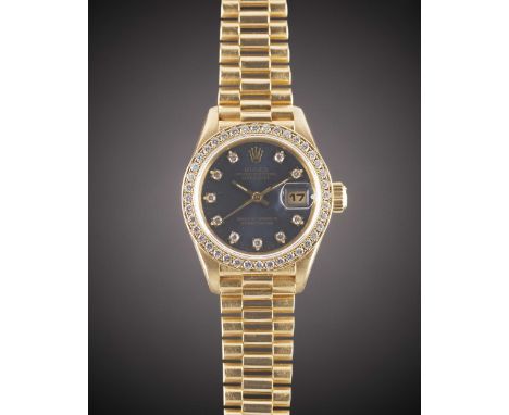 A LADIES 18K SOLID GOLD & DIAMOND ROLEX OYSTER PERPETUAL DATEJUST BRACELET WATCHCIRCA 1994, REF. 69178 WITH ORIGINAL BLUE DIA