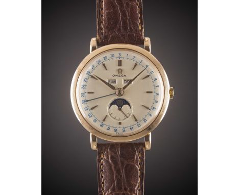 A GENTLEMAN'S LARGE SIZE 18K SOLID ROSE GOLD OMEGA "COSMIC" MOONPHASE TRIPLE CALENDAR WRIST WATCHCIRCA 1947, REF. 2485 WITH R