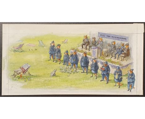 Graham Thomas Oakley (British, 1929-2022), The Foxbury Force guarding a public speaker, watercolour, unsigned, 9 x 16 cm, (un