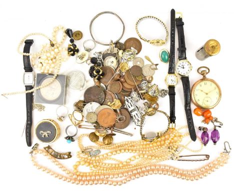 Mixed vintage costume jewellery to include rings, necklaces, ladies' wristwatches, a gold plated open face crown wind pocket 