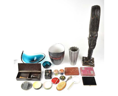 Mixed collectibles to include art glass, an African-style carved wooden bust, height 63cm, compacts, a Bakelite box, 'Walpamu