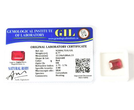A loose 8.77carat emerald cut ruby, with GIL Laboratory certificate.