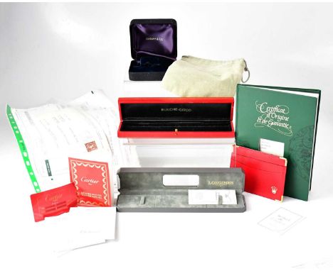 A quantity of watch boxes and ephemera to include a Rolex wallet, a Longines box, a Tiffany &amp; Co box, etc.