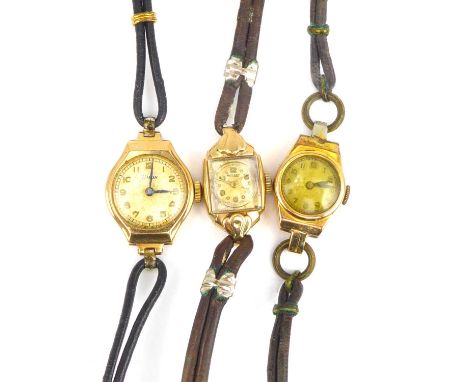 Three 9ct gold head vintage ladies' wristwatches comprising Rotary, Timor, and one other, all on black lace straps (3).