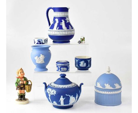 WEDGWOOD; a small quantity of jasperware comprising a lidded pot, a baluster vase, a small lidded pill dish, a small open-top