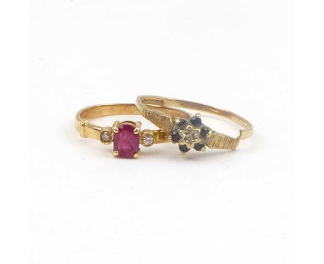 A 14ct gold ruby and tiny diamond chip ring, size K, approx.1.3g, together with a 9ct diamond and sapphire tiny cluster ring 