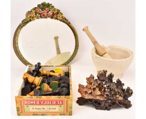 A collectors' lot comprising a carved soapstone Chinese ornament of berries and leaves, 12.5 x 18cm, a tabletop mounted Barbo