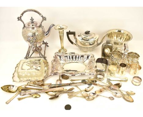 A collection of plated ware to include spirit kettle sand stand with burner, part tea service, hip flasks, cutlery, strawberr