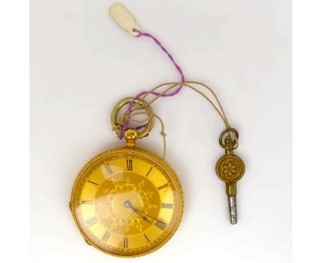 An 18ct gold open face pocket watch of small proportions, the gold floral dial set with Roman numerals to chapter ring, key w