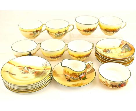 ROYAL DOULTON; a Series Ware 'Coaching Days' twenty-two piece tea service, pattern no. E3804, comprising seven teacups, three