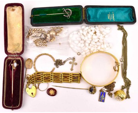 A group of costume jewellery comprising four pin brooches, to include an opal and amethyst example with gold top, length 6.7c