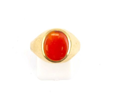 A 9ct gold signet ring with bezel set amber-coloured oval stone, size S, approx. 2.7g.