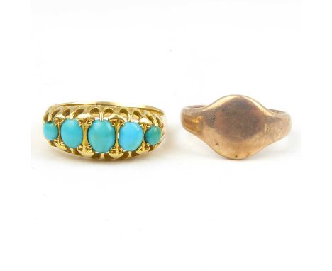 An 18ct gold ring set with turquoise beads, size M, approx. 2.6g, and a 9ct rose gold signet ring, size K, approx. 2.6g (2).