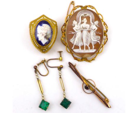 Mixed jewellery to include a carved oval cameo brooch with image of the Three Graces, in a 15ct gold brooch mount, 4 x 3.5cm,