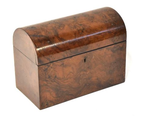 A 19th century burr walnut dome top tea caddy with fitted two-section interior, with brass labels 'Green' and 'Black', 17 x 2