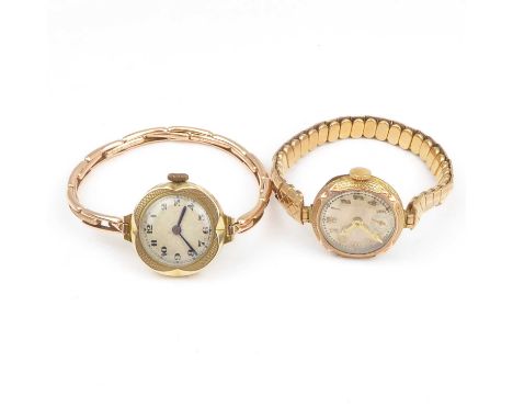 Two ladies' 9ct gold wristwatches, one with engine turned decorated silvered dial set with Arabic numerals and crown wind mov
