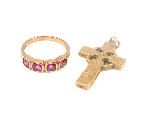 A 9ct rose gold dress ring with four square bezel set red stones, size Q, together with a 9ct gold cross pendant, height 3cm,