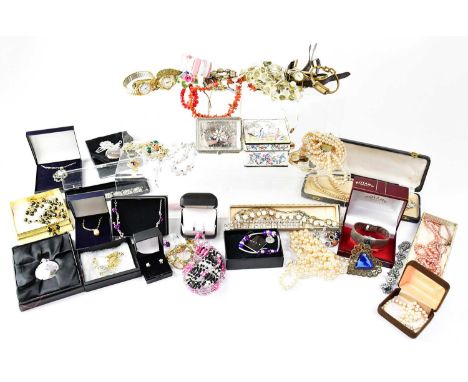 A quantity of costume jewellery and watches, to include a Rotary cocktail watch, various necklaces, brooches, faux pearl neck