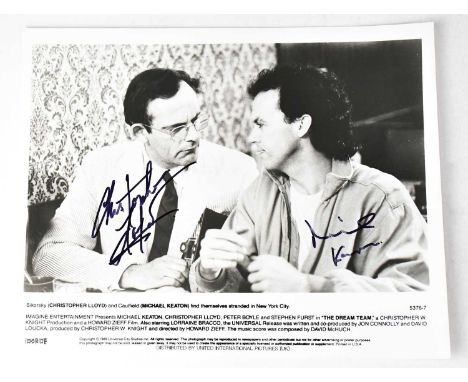 MICHAEL KEATON; a black and white promotional photograph from the film 'The Dream Team', bearing the signatures of Michael Ke
