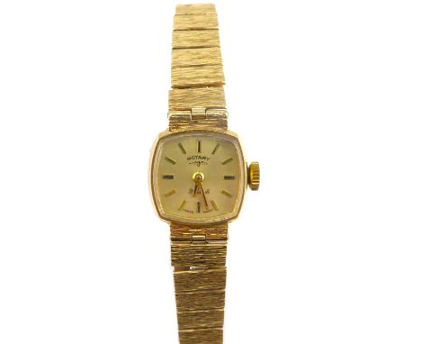 ROTARY; a ladies' vintage 9ct gold wristwatch with twenty-one jewel crown wind movement, the square dial set with raised bato