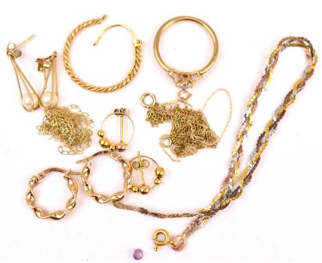 Mixed gold jewellery to include necklaces, a ring with white stone (not diamond), earring and part earrings, etc, combined ap