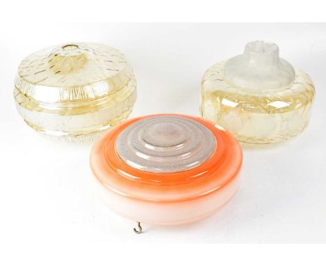 Five various early/mid-20th century glass plafonniers, two marbled, one frosted with pink and white body, two yellow with etc