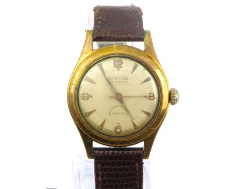 CURTISS; a gentlemen's vintage wristwatch, twenty-five jewel automatic movement, red arrow tipped seconds hand, gold plated a