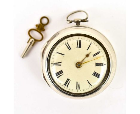 R HALSALL, HALE; a silver pair cased pocket watch, the white enamelled dial set with Roman numerals and minute outer track, f
