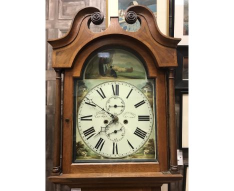 SCOTTISH OAK LONGCASE CLOCK, two train eight day movement, white enamel dial painted with Roman numerals and rural scenes, in