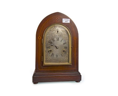 MAHOGANY MANTEL CLOCK, two train eight day movement, the brass dial with Roman numerals and subsidiary silent/chime dial, con