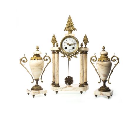 FOUR PILLAR MANTEL CLOCK GARNITURE, two train eight day movement, the enamel dial with Arabic numerals and decorated with flo