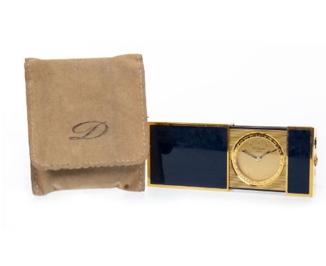 20TH CENTURY FRENCH ST. DUPONT GOLD PLATED TRAVEL ALARM CLOCK, the round dial with baton numerals, lacquered blue finish, 9cm
