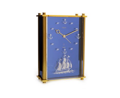 JAEGER 'MARINA' ALARM CLOCK, eight day keyless movement, the blue face with lucite etched nautical themed hour markers and a 