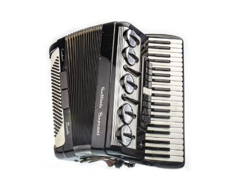 ITALIAN SETTIMIO SOPRANI CARDINAL MUSETTE ACCORDION, the black finished body marked M987/87, contained in a carry case, 50cm 