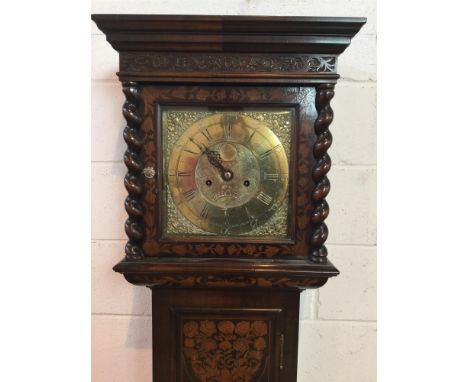 18TH CENTURY MARQUETRY AND WALNUT CLOCK,two train eight day movement, brass dial with Roman and Arabic numerals, subsidiary s