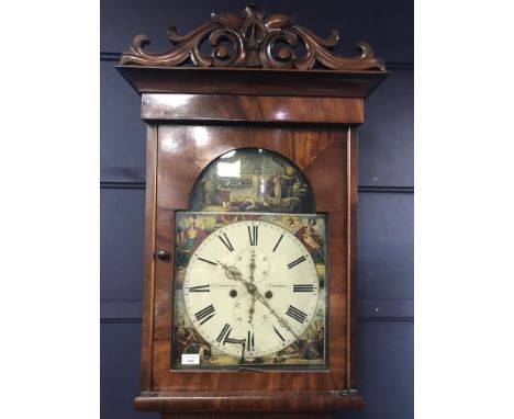 19TH CENTURY SCOTTISH MAHOGANY LONGCASE CLOCK, two train eight day movement, the painted enamel dial with Roman numerals and 