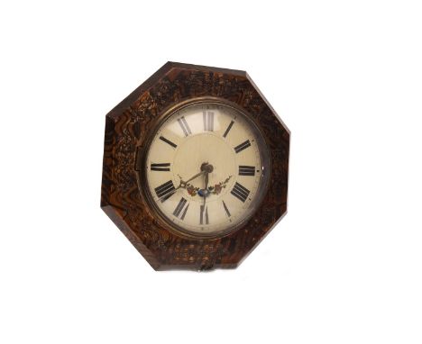 VICTORIAN WALL CLOCK, the white enamel dial with a hand-painted floral swag and Roman numerals, contained in an octagonal woo