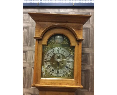 OAK LONGCASE CLOCK, two train eight day movement, brass and silverised dial with Roman and Arabic numerals, subsidiary second